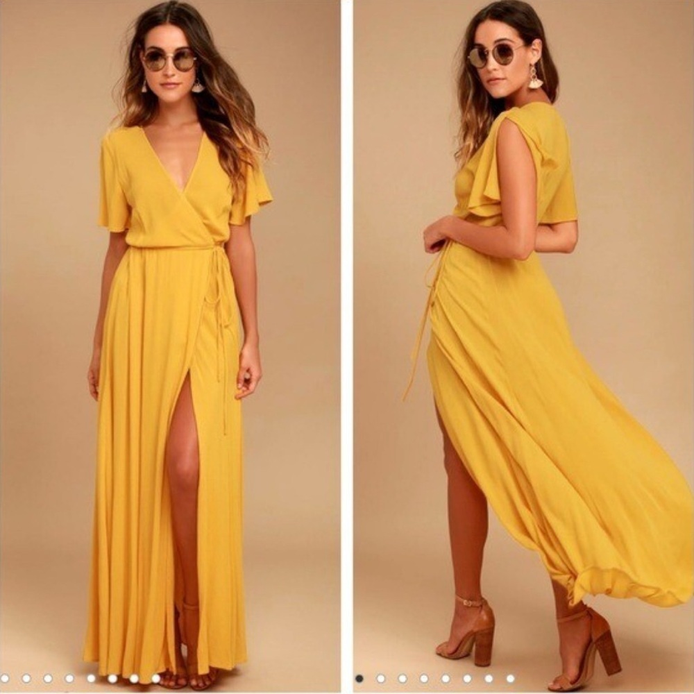 Lulus Much Obliged Yellow Wrap Maxi Dress NWT Flutter Sleeve Wedding Guest
